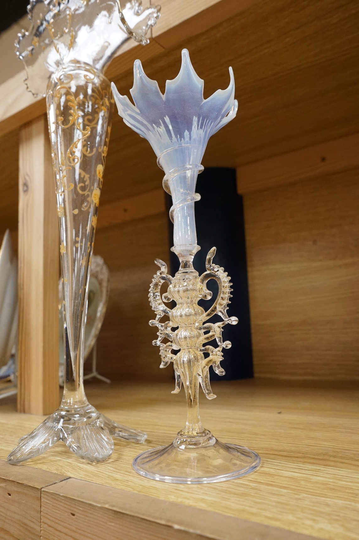 A Venetian opaline glass vase with decorative stem and a similar larger example, 36cm high